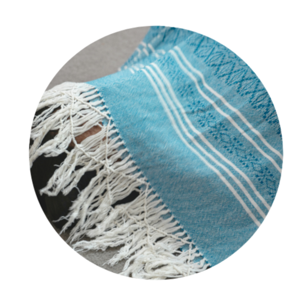Partie d'une écharpe bleu turquoise et blanc pour le reboso