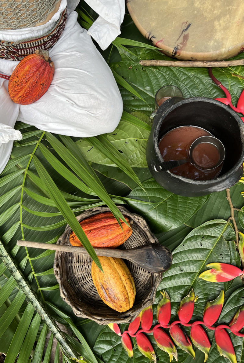 feuilles de cacao comme tapis avec des cabosses, une cuillère en bois et une casserole de cacao chaut